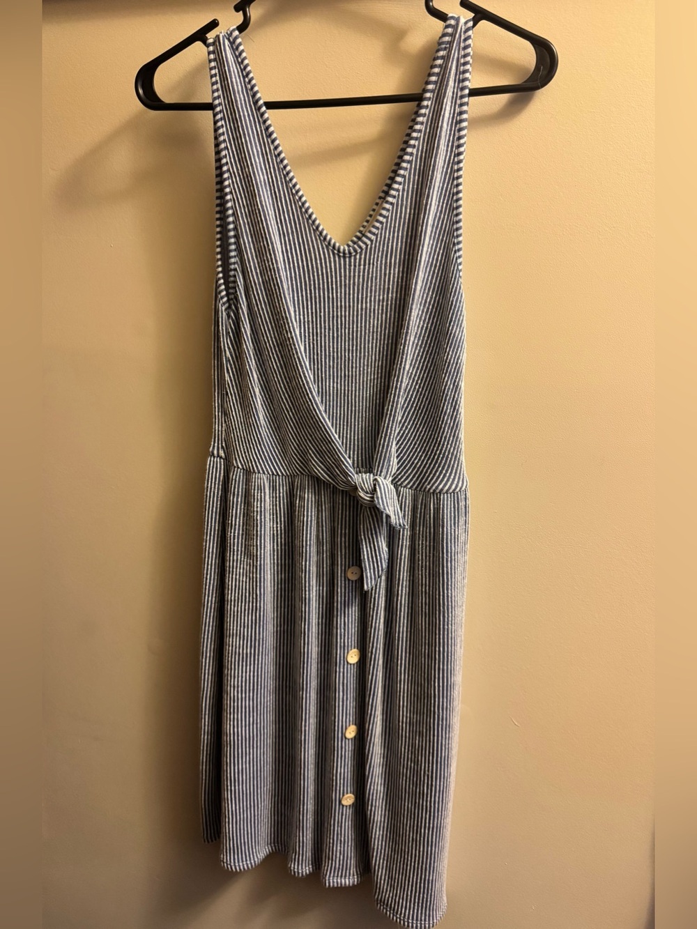Caution To The Wind Blue & White Striped V‑Neck Tie‑Front Midi Dress